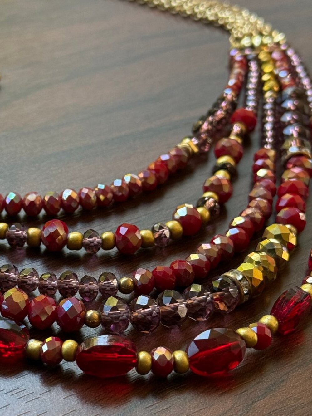 Vintage Red and Gold Sparkling Glass and Metal Layered Necklace